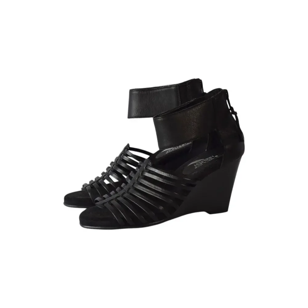 Aerosoles Black Leather Caged Wedge Sandals Strappy Zip Back - Size 6